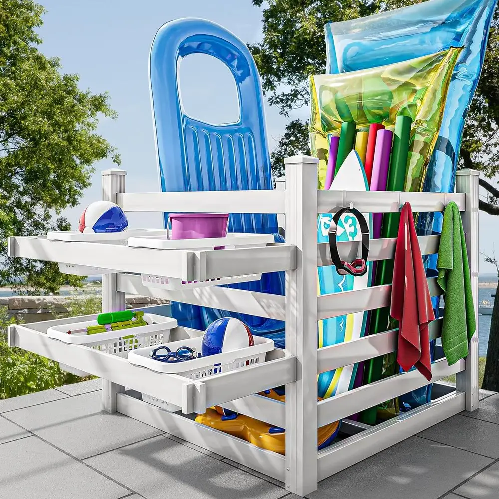 Beach Towel Large - กล่องเก็บของริมสระพร้อมราวแขวนผ้าเช็ดตัวและตะขอ 6 ตัว, ที่เก็บสายไฟขนาดใหญ่, ที่เก็บของลอยน้ำกันน้ำสำหรับสระว่ายน้ำกลางแจ้งสำหรับเก็บแว่นตาและอุปกรณ์ชายหาด