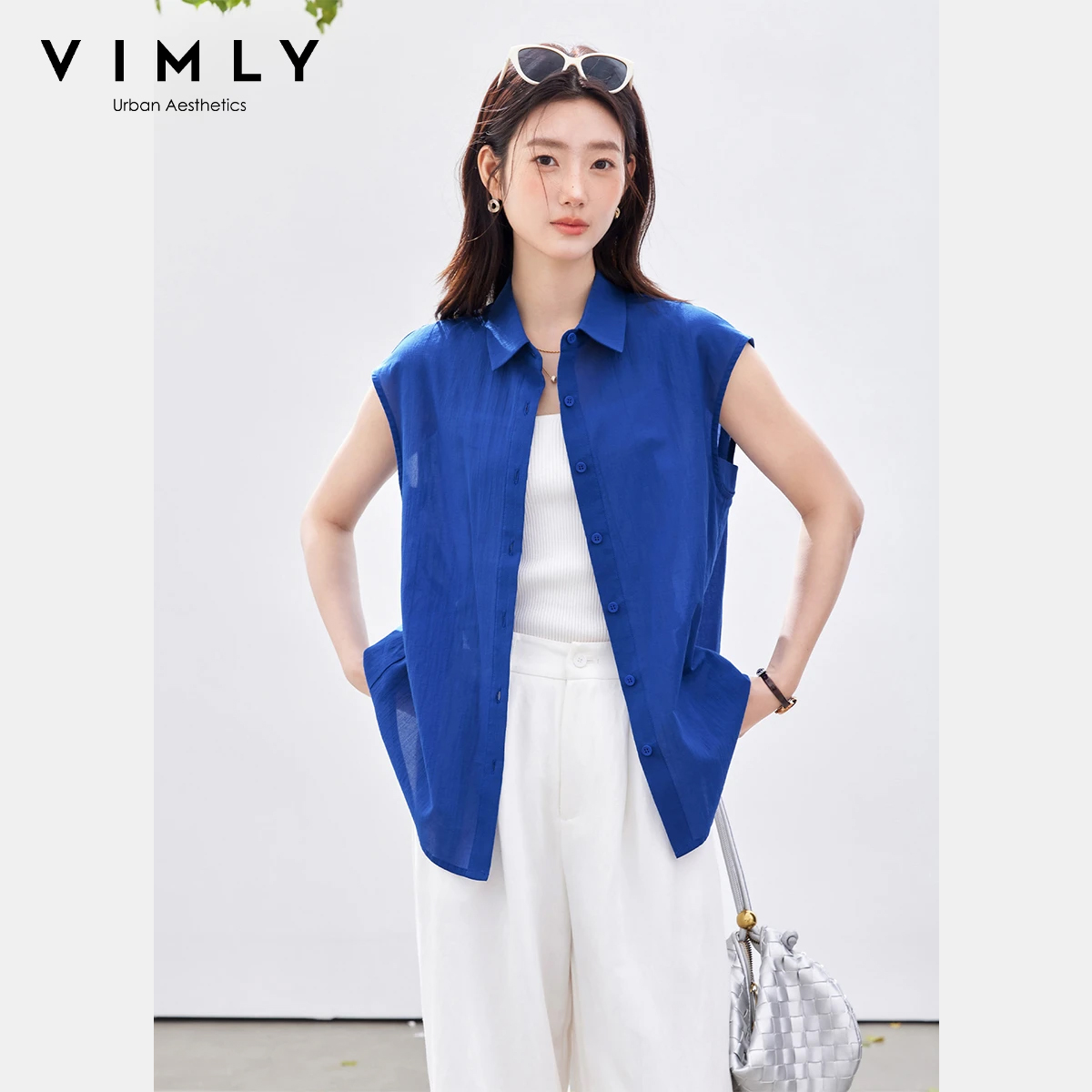 Shirt Camp Collar - VIMLY เสื้อแขนกุดสไตล์มินิมอลสำหรับผู้หญิง 2026 ฤดูร้อนใหม่ไคลน์ บลู 100%