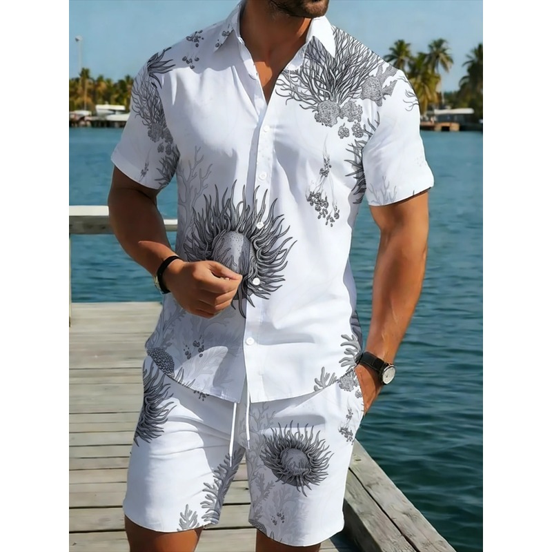Resort Shirt Floral - ชุดเสื้อเชิ้ตฮาวายลายดอกไม้และกางเกงขาสั้นสำหรับผู้ชาย ผ้าโพลีเอสเตอร์ น้ำหนักเบา เหมาะสำหรับฤดูร้อน ชายหาด ท่องเที่ยว