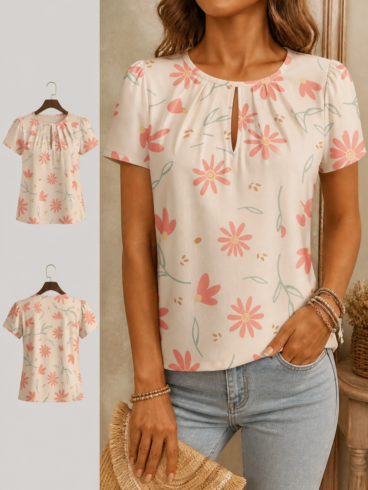 Resort Shirt Floral - 2026 เสื้อยืดคอกลมผู้หญิงแบบใหม่ แขนสั้น ทรงหลวม เสื้อลำลอง พิมพ์ลายดอกไม้