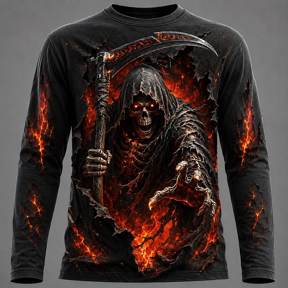 Tee Graphic Print - เสื้อยืดแขนยาวพิมพ์ลายกราฟิก 3D สำหรับผู้ชาย ลายหัวกะโหลกสไตล์โกธิค เสื้อพูลโอเวอร์สำหรับฤดูใบไม้ร่วง ของขวัญเทศกาลใหม่