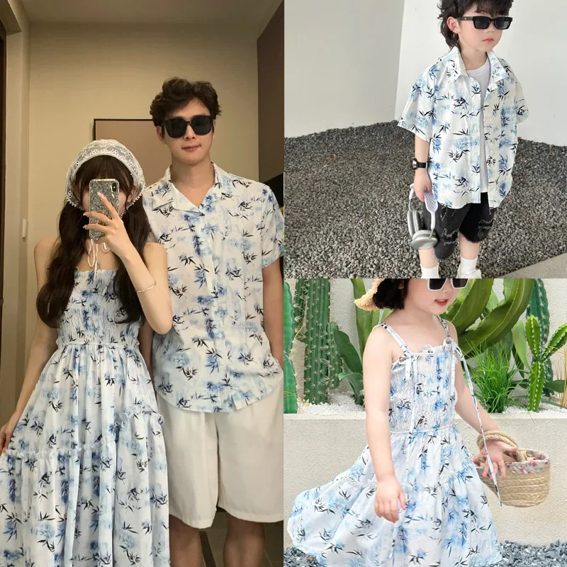 Resort Shirt Floral - รีสอร์ทคู่ดูพ่อแม่และลูกเสื้อผ้าฤดูร้อนครอบครัวจับคู่เสื้อผ้าวันหยุดแม่ลูกสาวชุดชายหาดพ่อลูกชายเสื้อ