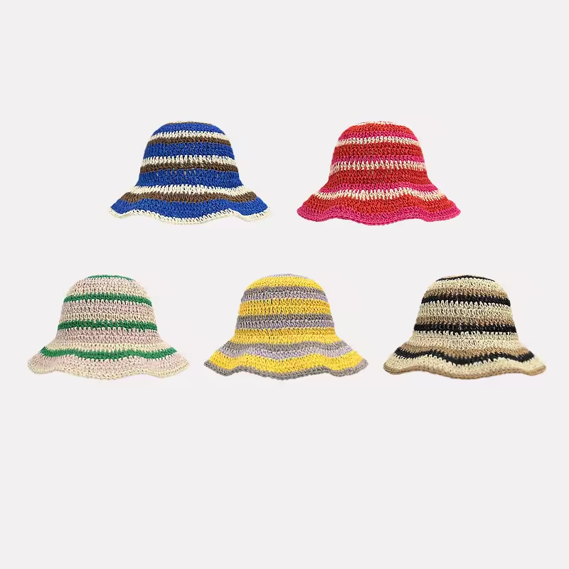 Bucket Hat Straw - Topi Bucket ถักลายทางสำหรับผู้หญิงใหม่ทำมือหลากสีทำจากฟางถักแบบกลวงระบายอากาศป้องกันแสงแดด Topi Renda