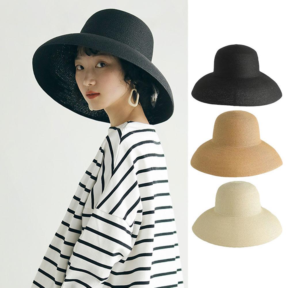 Bucket Hat Straw - หมวกฟางปีกกว้างสไตล์เฮปเบิร์นฝรั่งเศสทำมือผู้หญิงหมวกบังแดดฤดูร้อนชายคาใหญ่พับชายหาดหมวกชาวประมงหมวกสไตล์ฮิปฮอปอารมณ์